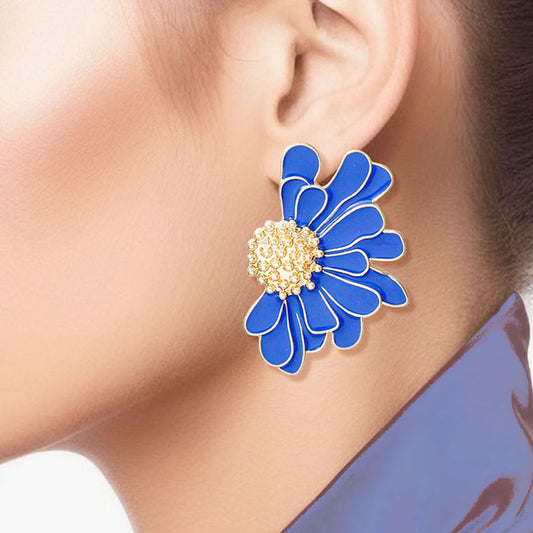 Women's Stud Earrings Gold Metal and Blue Epoxy Half Daisy Flower Earrings Featuring Gold Studded Center. Post Backing.