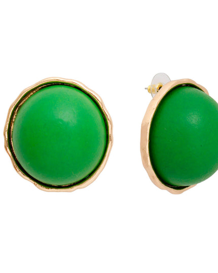 Women's Stud Earrings Large Round Gold Metal Studs Featuring Domed Green Wood Detail. Studs measure 1" tall. Post Backing.