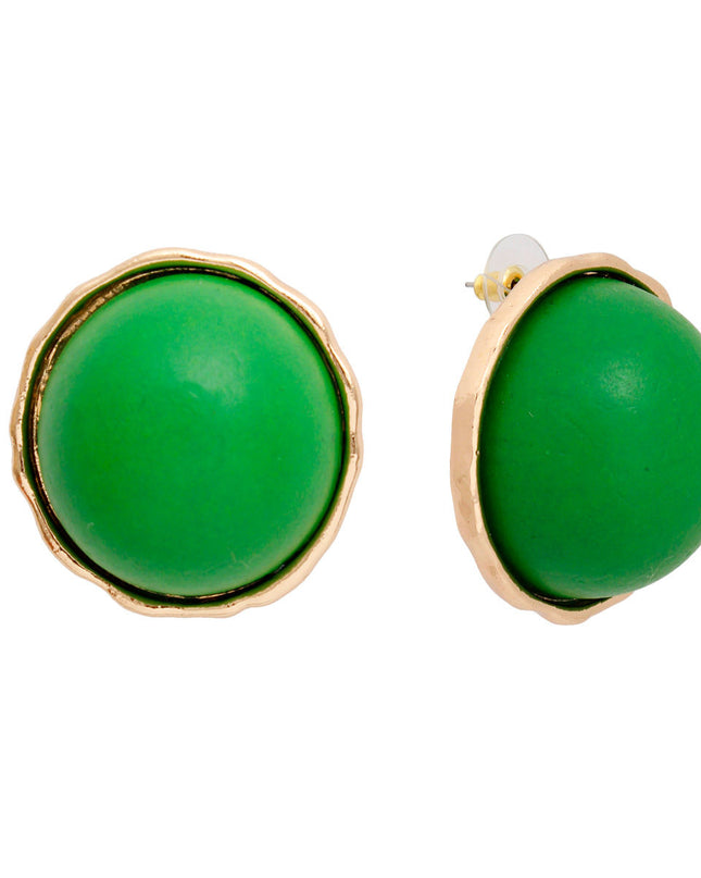 Women's Stud Earrings Large Round Gold Metal Studs Featuring Domed Green Wood Detail. Studs measure 1" tall. Post Backing.