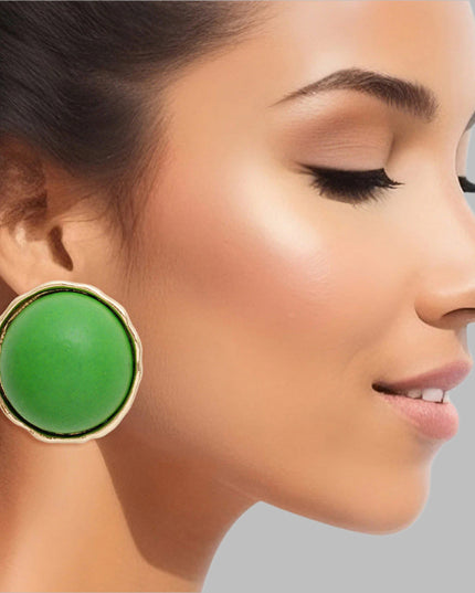 Women's Stud Earrings Large Round Gold Metal Studs Featuring Domed Green Wood Detail. Studs measure 1" tall. Post Backing.