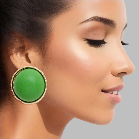 Women's Stud Earrings Large Round Gold Metal Studs Featuring Domed Green Wood Detail. Studs measure 1" tall. Post Backing.