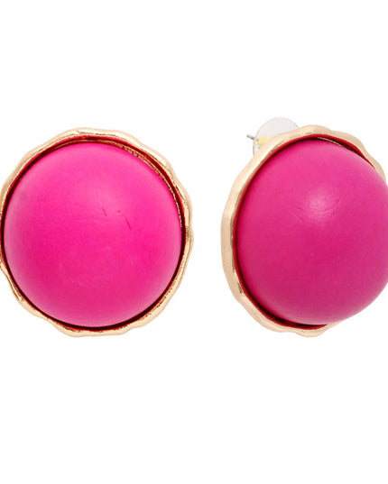 Women's Stud Earrings Large Round Gold Metal Studs Featuring Domed Purple-Fuchsia Wood Detail. Studs measure 1" tall. Post Backing.