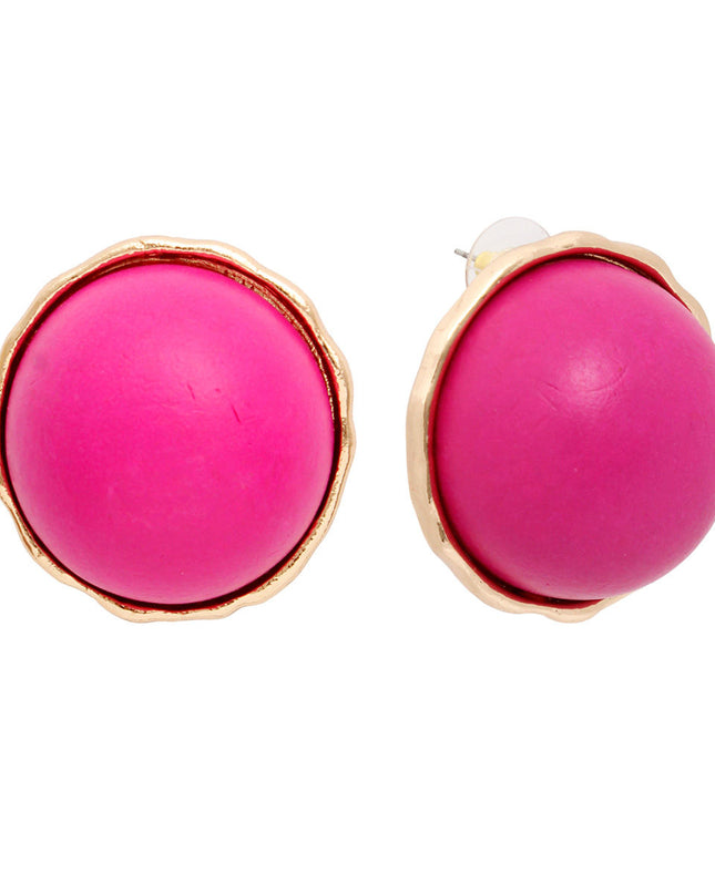 Women's Stud Earrings Large Round Gold Metal Studs Featuring Domed Purple-Fuchsia Wood Detail. Studs measure 1" tall. Post Backing.