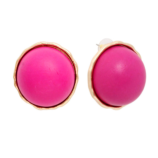 Women's Stud Earrings Large Round Gold Metal Studs Featuring Domed Purple-Fuchsia Wood Detail. Studs measure 1" tall. Post Backing.