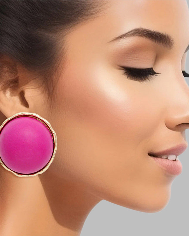 Women's Stud Earrings Large Round Gold Metal Studs Featuring Domed Purple-Fuchsia Wood Detail. Studs measure 1" tall. Post Backing.