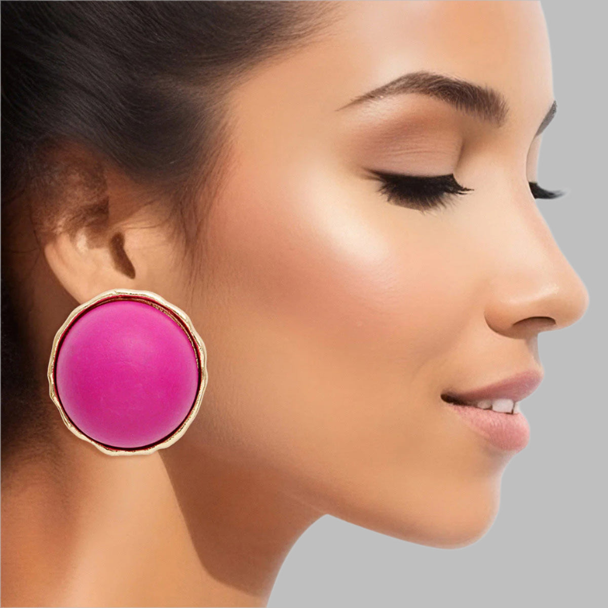 Women's Stud Earrings Large Round Gold Metal Studs Featuring Domed Purple-Fuchsia Wood Detail. Studs measure 1" tall. Post Backing.