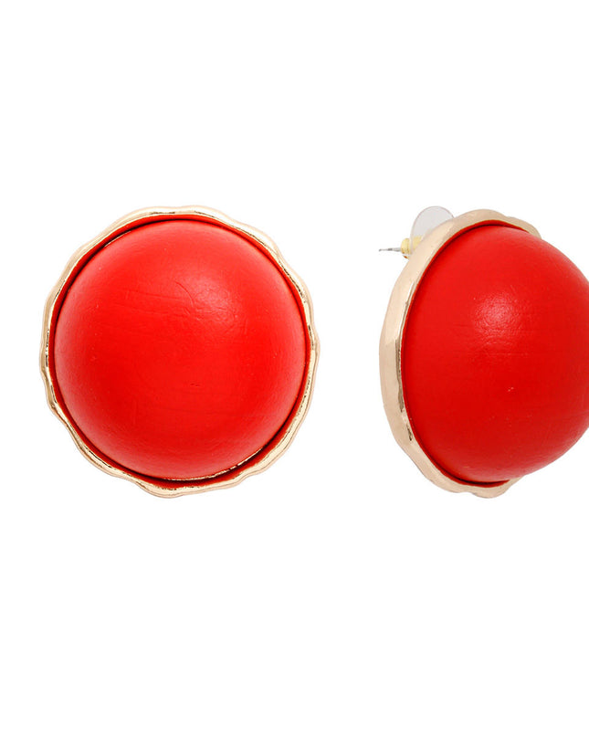 Women's Stud Earrings Large Round Gold Metal Studs Featuring Domed Red Wood Detail. Studs measure 1" tall. Post Backing.