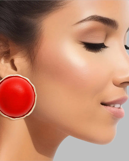 Women's Stud Earrings Large Round Gold Metal Studs Featuring Domed Red Wood Detail. Studs measure 1" tall. Post Backing.