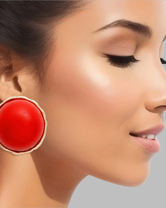 Women's Stud Earrings Large Round Gold Metal Studs Featuring Domed Red Wood Detail. Studs measure 1" tall. Post Backing.