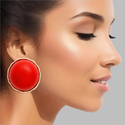 Women's Stud Earrings Large Round Gold Metal Studs Featuring Domed Red Wood Detail. Studs measure 1" tall. Post Backing.