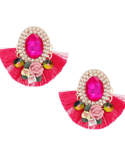 Women's Stud Earrings Elegant Gold Metal with Oval Fuchsia Crystal and Pave Rhinestone Halo Studs Featuring Fuchsia Silk Fan Tassel, Gold Metal Filigree, Multi Color Rhinestones, and 3D Acrylic Floral Detailing. Post Backing.