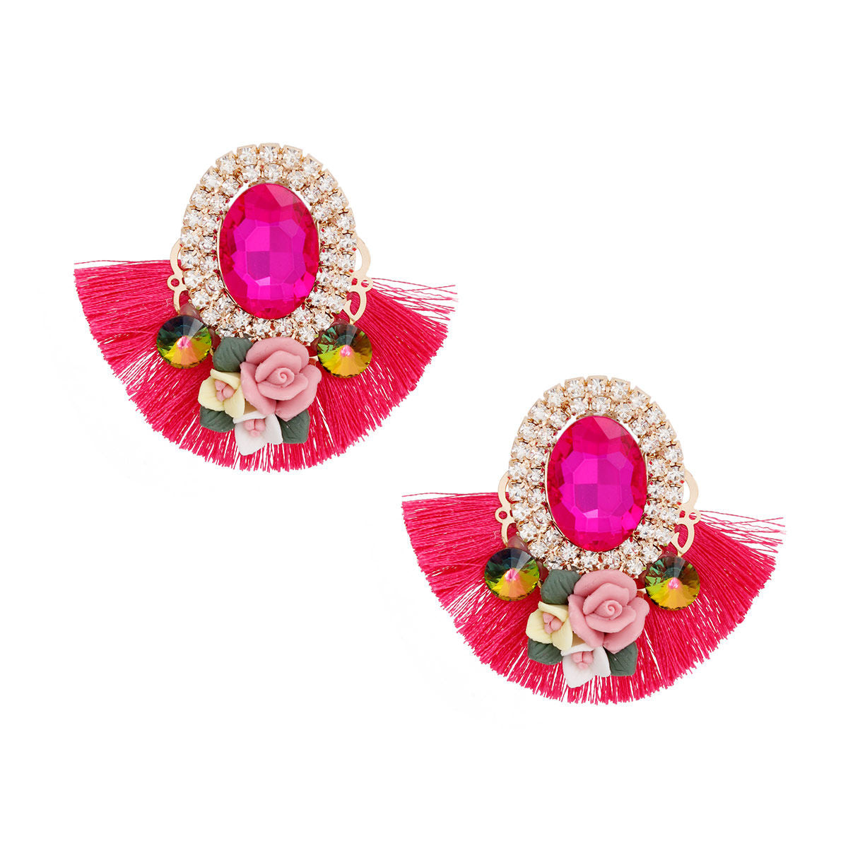 Women's Stud Earrings Elegant Gold Metal with Oval Fuchsia Crystal and Pave Rhinestone Halo Studs Featuring Fuchsia Silk Fan Tassel, Gold Metal Filigree, Multi Color Rhinestones, and 3D Acrylic Floral Detailing. Post Backing.