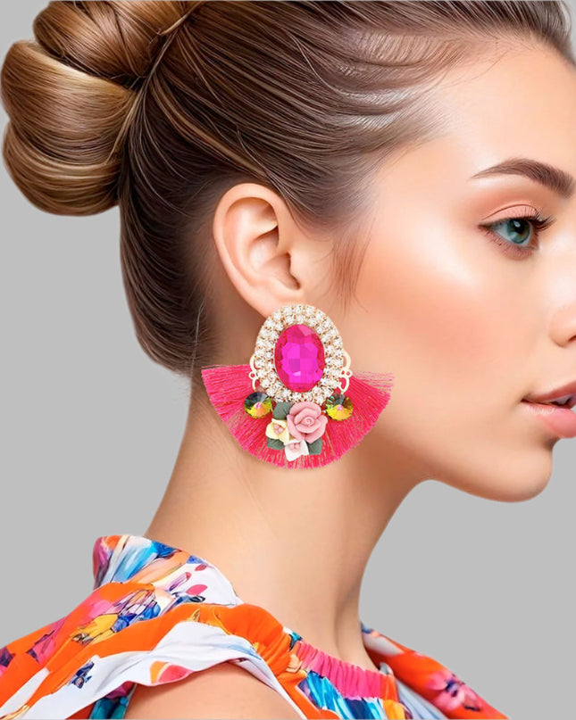 Women's Stud Earrings Elegant Gold Metal with Oval Fuchsia Crystal and Pave Rhinestone Halo Studs Featuring Fuchsia Silk Fan Tassel, Gold Metal Filigree, Multi Color Rhinestones, and 3D Acrylic Floral Detailing. Post Backing.