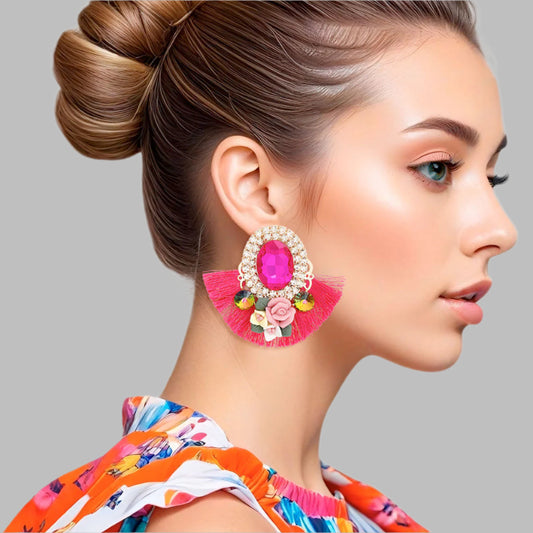 Women's Stud Earrings Elegant Gold Metal with Oval Fuchsia Crystal and Pave Rhinestone Halo Studs Featuring Fuchsia Silk Fan Tassel, Gold Metal Filigree, Multi Color Rhinestones, and 3D Acrylic Floral Detailing. Post Backing.