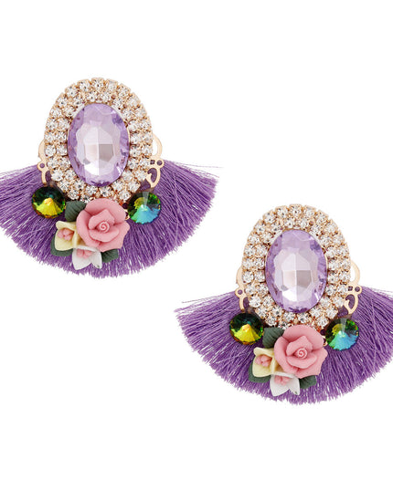 Women's Stud Earrings Elegant Gold Metal with Oval Lavender Crystal and Pave Rhinestone Halo Studs Featuring Lavender Silk Fan Tassel, Gold Metal Filigree, Multi Color Rhinestones, and 3D Acrylic Floral Detailing. Post Backing.