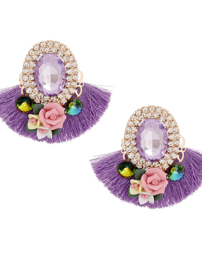 Women's Stud Earrings Elegant Gold Metal with Oval Lavender Crystal and Pave Rhinestone Halo Studs Featuring Lavender Silk Fan Tassel, Gold Metal Filigree, Multi Color Rhinestones, and 3D Acrylic Floral Detailing. Post Backing.