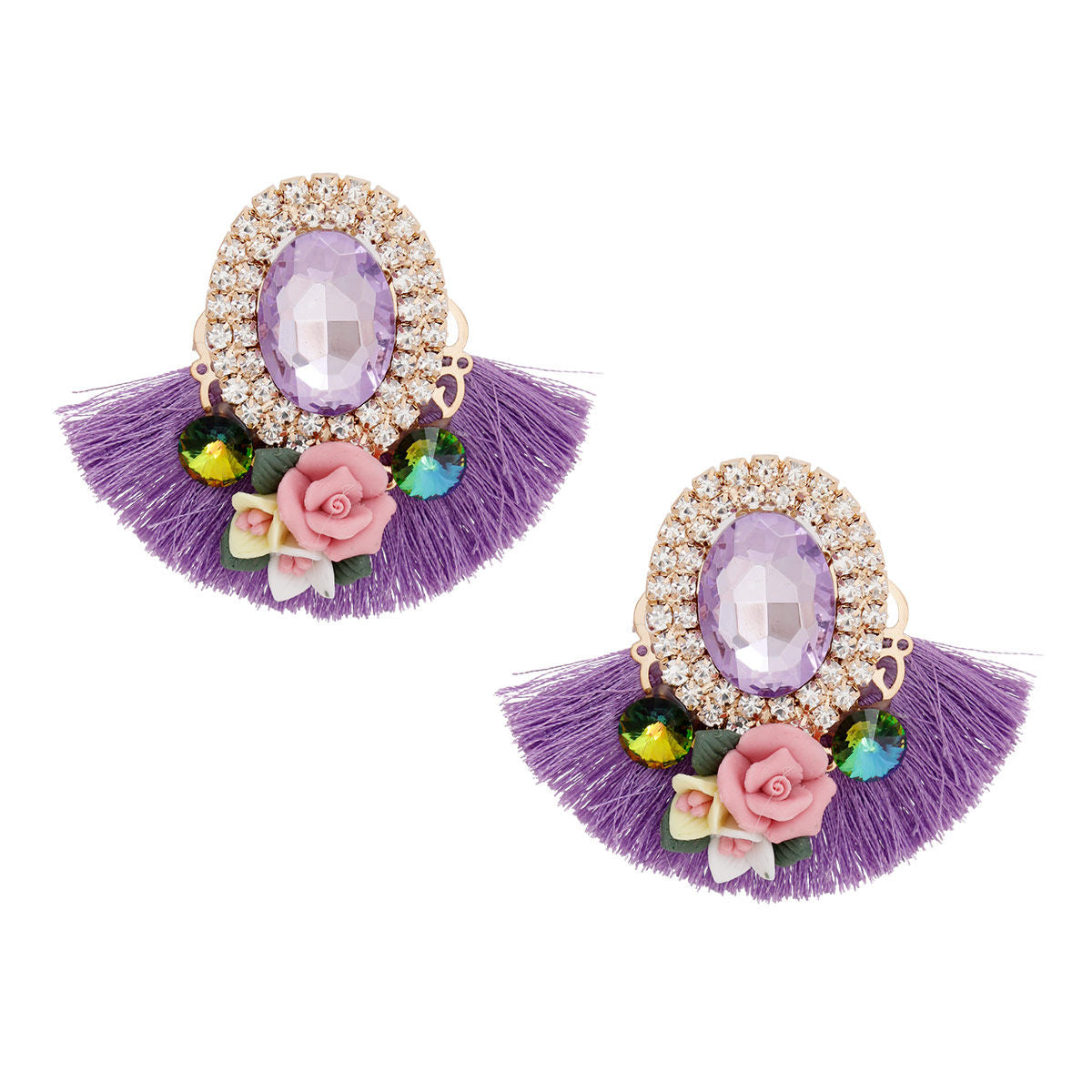 Women's Stud Earrings Elegant Gold Metal with Oval Lavender Crystal and Pave Rhinestone Halo Studs Featuring Lavender Silk Fan Tassel, Gold Metal Filigree, Multi Color Rhinestones, and 3D Acrylic Floral Detailing. Post Backing.