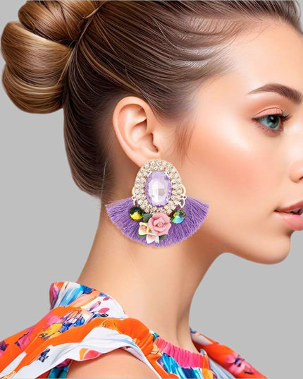 Women's Stud Earrings Elegant Gold Metal with Oval Lavender Crystal and Pave Rhinestone Halo Studs Featuring Lavender Silk Fan Tassel, Gold Metal Filigree, Multi Color Rhinestones, and 3D Acrylic Floral Detailing. Post Backing.