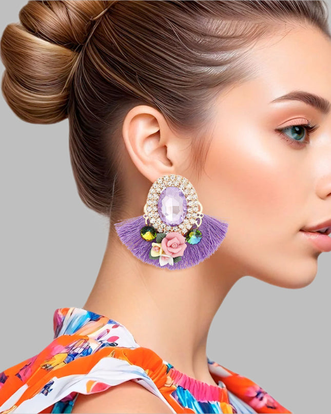 Women's Stud Earrings Elegant Gold Metal with Oval Lavender Crystal and Pave Rhinestone Halo Studs Featuring Lavender Silk Fan Tassel, Gold Metal Filigree, Multi Color Rhinestones, and 3D Acrylic Floral Detailing. Post Backing.