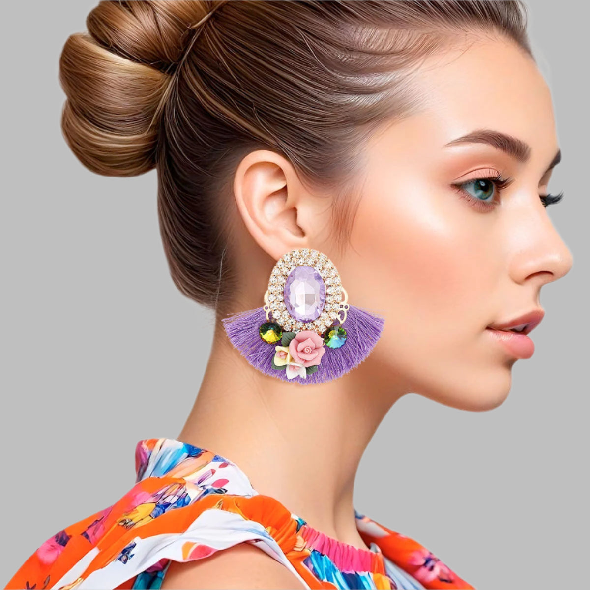 Women's Stud Earrings Elegant Gold Metal with Oval Lavender Crystal and Pave Rhinestone Halo Studs Featuring Lavender Silk Fan Tassel, Gold Metal Filigree, Multi Color Rhinestones, and 3D Acrylic Floral Detailing. Post Backing.