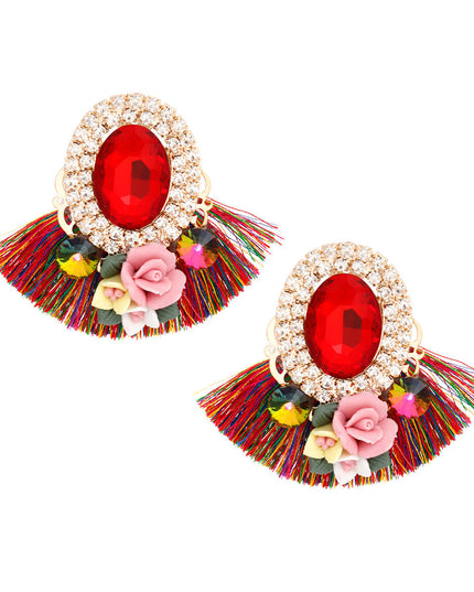 Women's Stud Earrings Elegant Gold Metal with Oval Red Crystal and Pave Rhinestone Halo Studs Featuring Multicolor Silk Fan Tassel, Gold Metal Filigree, Multi Color Rhinestones, and 3D Acrylic Floral Detailing. Post Backing.