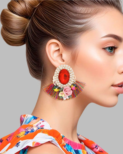 Women's Stud Earrings Elegant Gold Metal with Oval Red Crystal and Pave Rhinestone Halo Studs Featuring Multicolor Silk Fan Tassel, Gold Metal Filigree, Multi Color Rhinestones, and 3D Acrylic Floral Detailing. Post Backing.