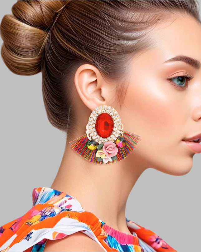 Women's Stud Earrings Elegant Gold Metal with Oval Red Crystal and Pave Rhinestone Halo Studs Featuring Multicolor Silk Fan Tassel, Gold Metal Filigree, Multi Color Rhinestones, and 3D Acrylic Floral Detailing. Post Backing.