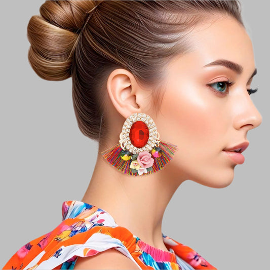 Women's Stud Earrings Elegant Gold Metal with Oval Red Crystal and Pave Rhinestone Halo Studs Featuring Multicolor Silk Fan Tassel, Gold Metal Filigree, Multi Color Rhinestones, and 3D Acrylic Floral Detailing. Post Backing.