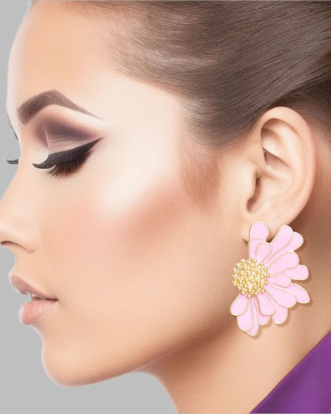 Women's Stud Earrings Gold Metal and Pink Epoxy Half Daisy Flower Earrings Featuring Gold Studded Center. Post Backing.