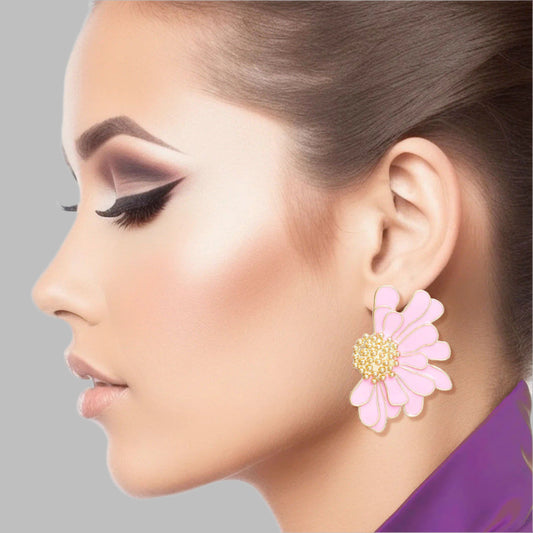 Women's Stud Earrings Gold Metal and Pink Epoxy Half Daisy Flower Earrings Featuring Gold Studded Center. Post Backing.