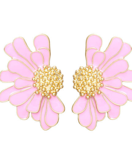 Women's Stud Earrings Gold Metal and Pink Epoxy Half Daisy Flower Earrings Featuring Gold Studded Center. Post Backing.