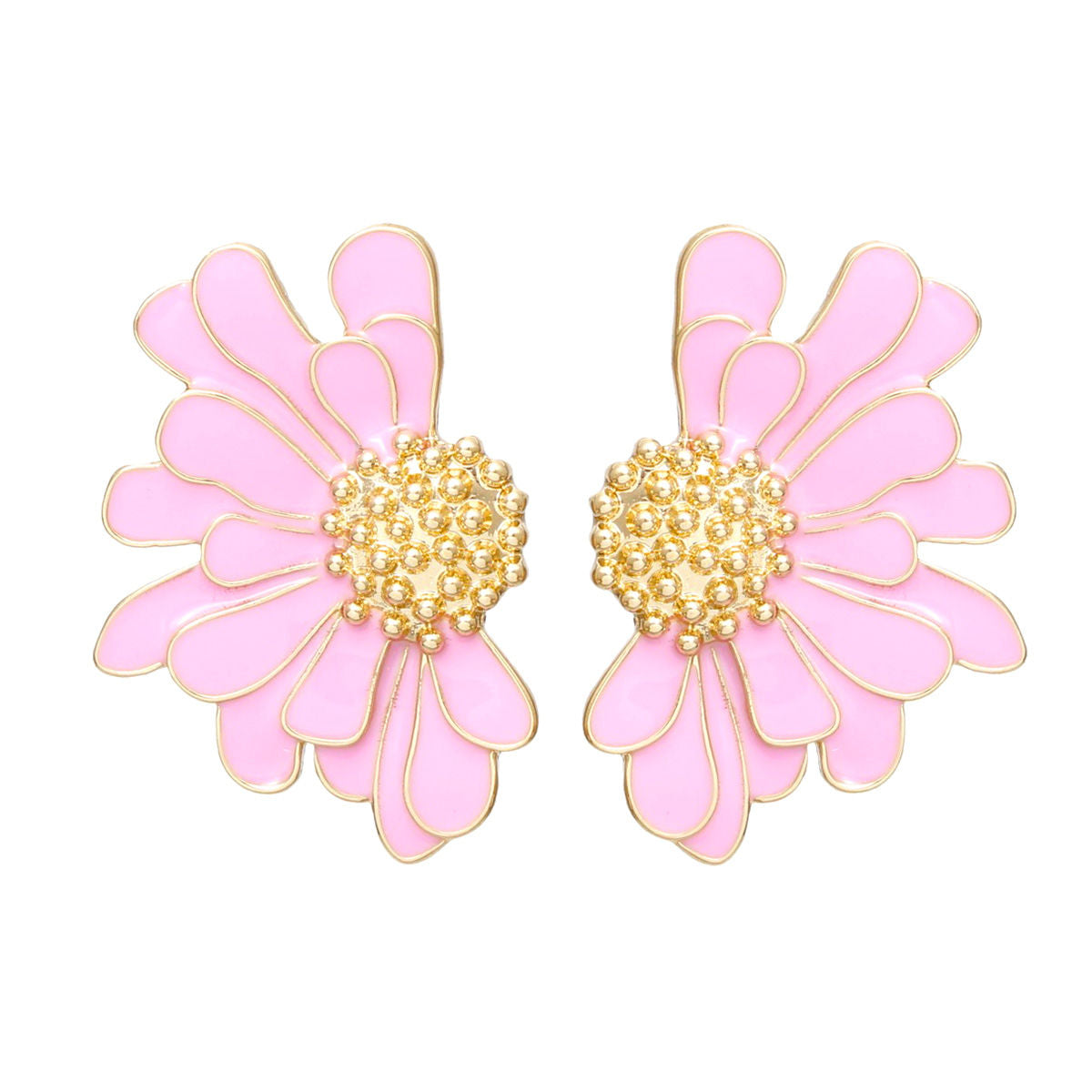 Women's Stud Earrings Gold Metal and Pink Epoxy Half Daisy Flower Earrings Featuring Gold Studded Center. Post Backing.