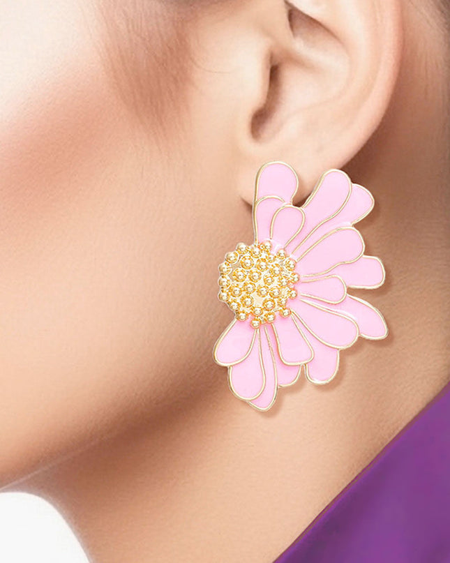 Women's Stud Earrings Gold Metal and Pink Epoxy Half Daisy Flower Earrings Featuring Gold Studded Center. Post Backing.
