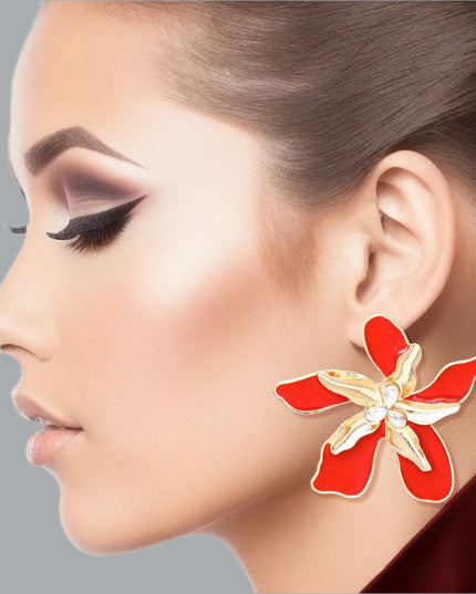 Women's Stud Earrings Textured Gold Metal with Red Epoxy Tropical Iris Flower Earrings Featuring Rhinestone Centers. Post Backing.