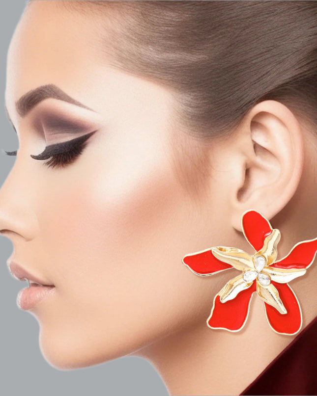 Women's Stud Earrings Textured Gold Metal with Red Epoxy Tropical Iris Flower Earrings Featuring Rhinestone Centers. Post Backing.