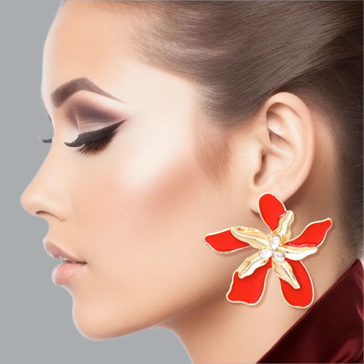 Women's Stud Earrings Textured Gold Metal with Red Epoxy Tropical Iris Flower Earrings Featuring Rhinestone Centers. Post Backing.