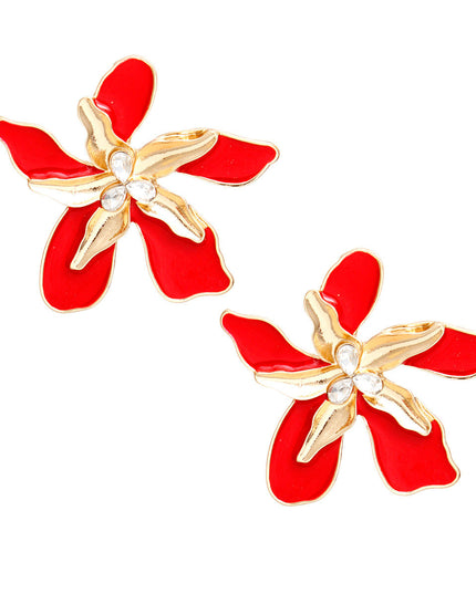 Women's Stud Earrings Textured Gold Metal with Red Epoxy Tropical Iris Flower Earrings Featuring Rhinestone Centers. Post Backing.