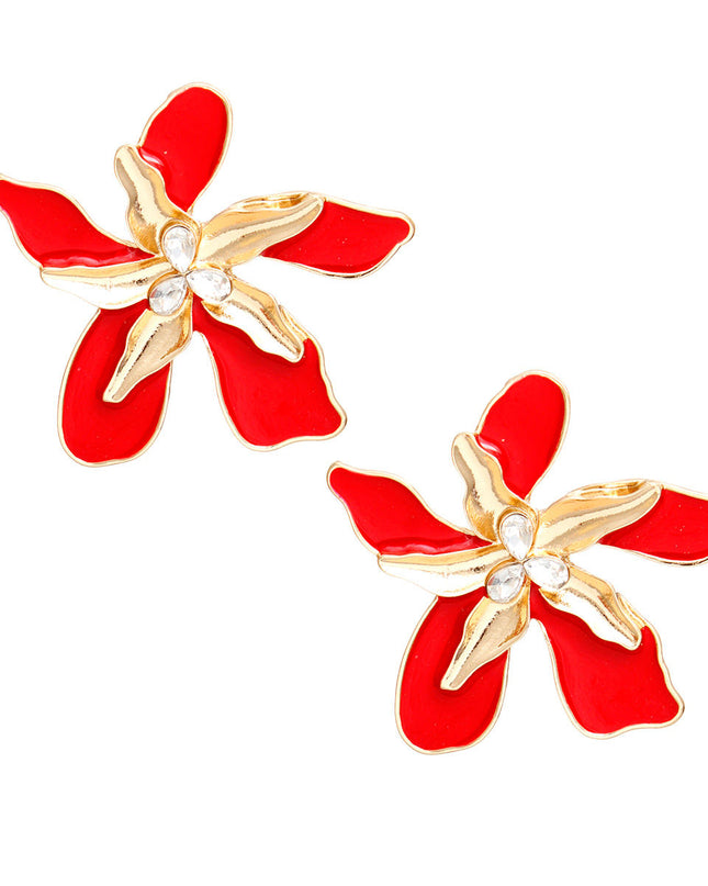 Women's Stud Earrings Textured Gold Metal with Red Epoxy Tropical Iris Flower Earrings Featuring Rhinestone Centers. Post Backing.