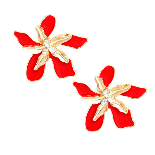 Women's Stud Earrings Textured Gold Metal with Red Epoxy Tropical Iris Flower Earrings Featuring Rhinestone Centers. Post Backing.