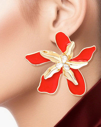 Women's Stud Earrings Textured Gold Metal with Red Epoxy Tropical Iris Flower Earrings Featuring Rhinestone Centers. Post Backing.