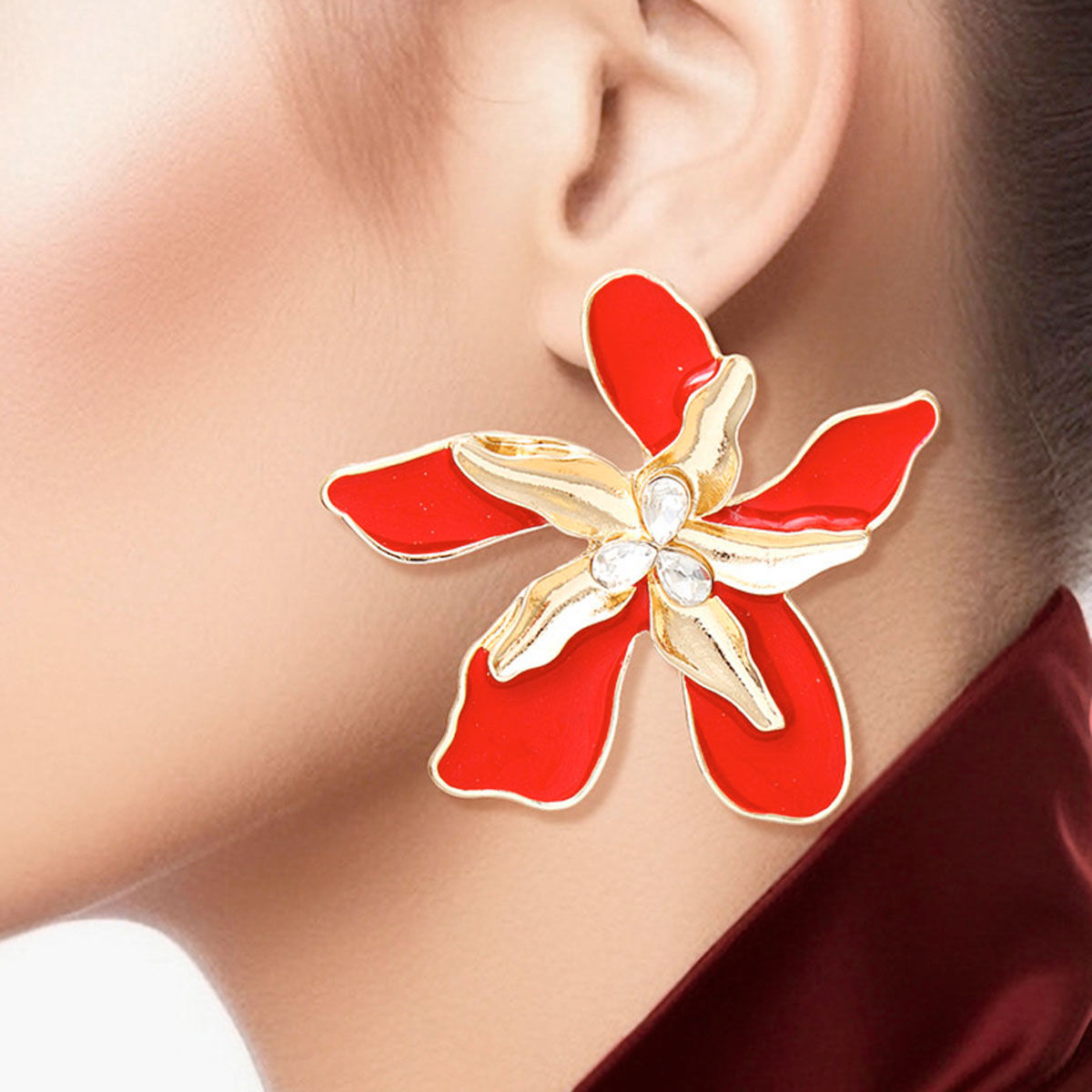 Women's Stud Earrings Textured Gold Metal with Red Epoxy Tropical Iris Flower Earrings Featuring Rhinestone Centers. Post Backing.