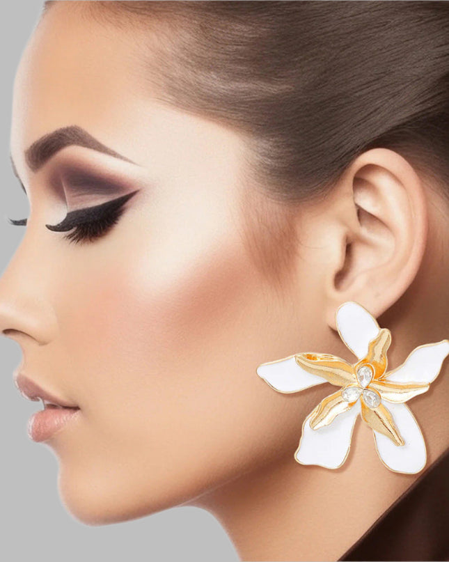 Women's Stud Earrings Textured Gold Metal with White Epoxy Tropical Iris Flower Earrings Featuring Rhinestone Centers. Post Backing.