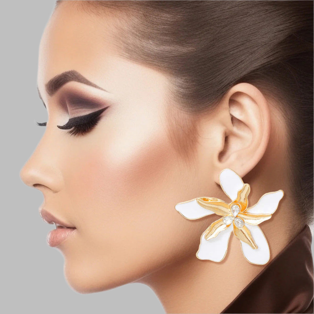 Women's Stud Earrings Textured Gold Metal with White Epoxy Tropical Iris Flower Earrings Featuring Rhinestone Centers. Post Backing.