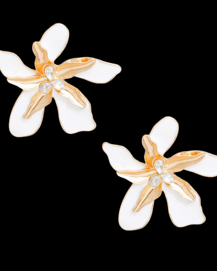 Women's Stud Earrings Textured Gold Metal with White Epoxy Tropical Iris Flower Earrings Featuring Rhinestone Centers. Post Backing.