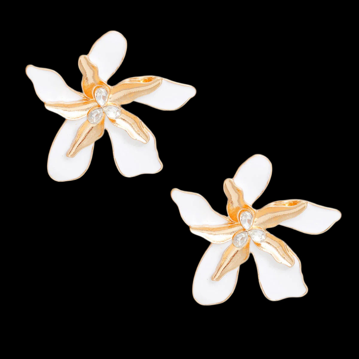 Women's Stud Earrings Textured Gold Metal with White Epoxy Tropical Iris Flower Earrings Featuring Rhinestone Centers. Post Backing.