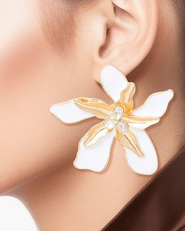 Women's Stud Earrings Textured Gold Metal with White Epoxy Tropical Iris Flower Earrings Featuring Rhinestone Centers. Post Backing.