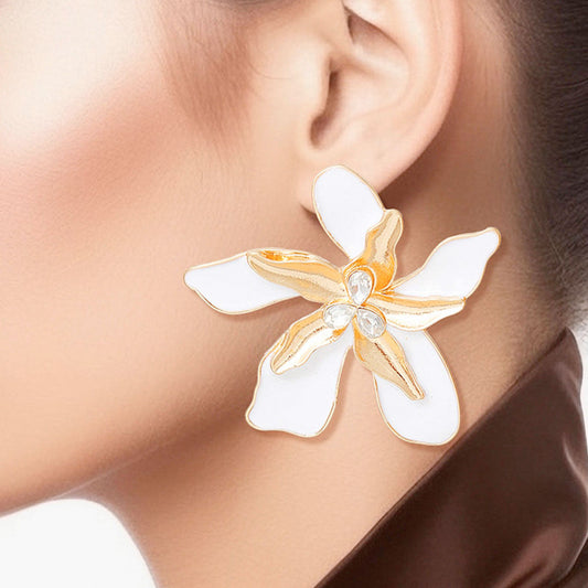 Women's Stud Earrings Textured Gold Metal with White Epoxy Tropical Iris Flower Earrings Featuring Rhinestone Centers. Post Backing.