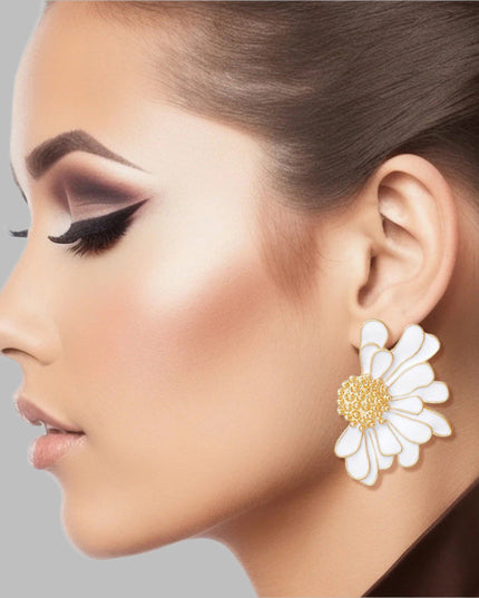 Women's Stud Earrings Gold Metal and White Epoxy Half Daisy Flower Earrings Featuring Gold Studded Center. Post Backing.