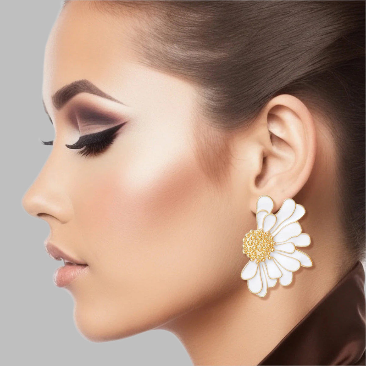 Women's Stud Earrings Gold Metal and White Epoxy Half Daisy Flower Earrings Featuring Gold Studded Center. Post Backing.