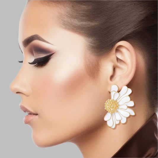 Women's Stud Earrings Gold Metal and White Epoxy Half Daisy Flower Earrings Featuring Gold Studded Center. Post Backing.